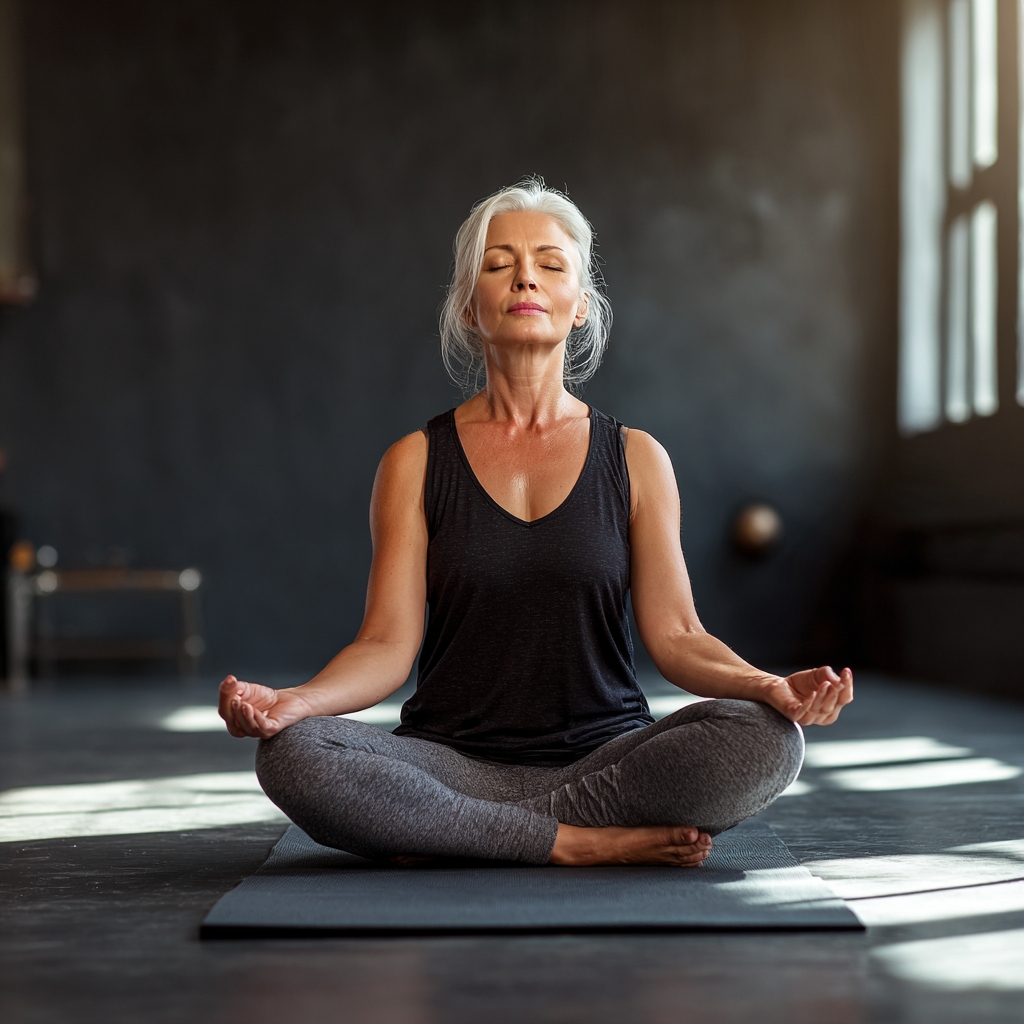 Serene middle-aged woman practicing yoga meditation in peaceful studio setting